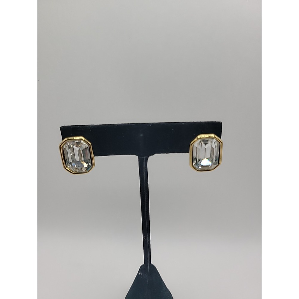 Gold Tone Emerald Cut Clear Crystal Stud Earrings Rectangular Rhinestone Minimal
